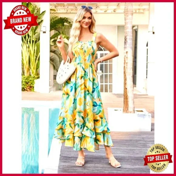 Floral Maxi Dress Boho Summer Beach Sundress A-Line Square Neck Adjustable - Picture 5 of 7